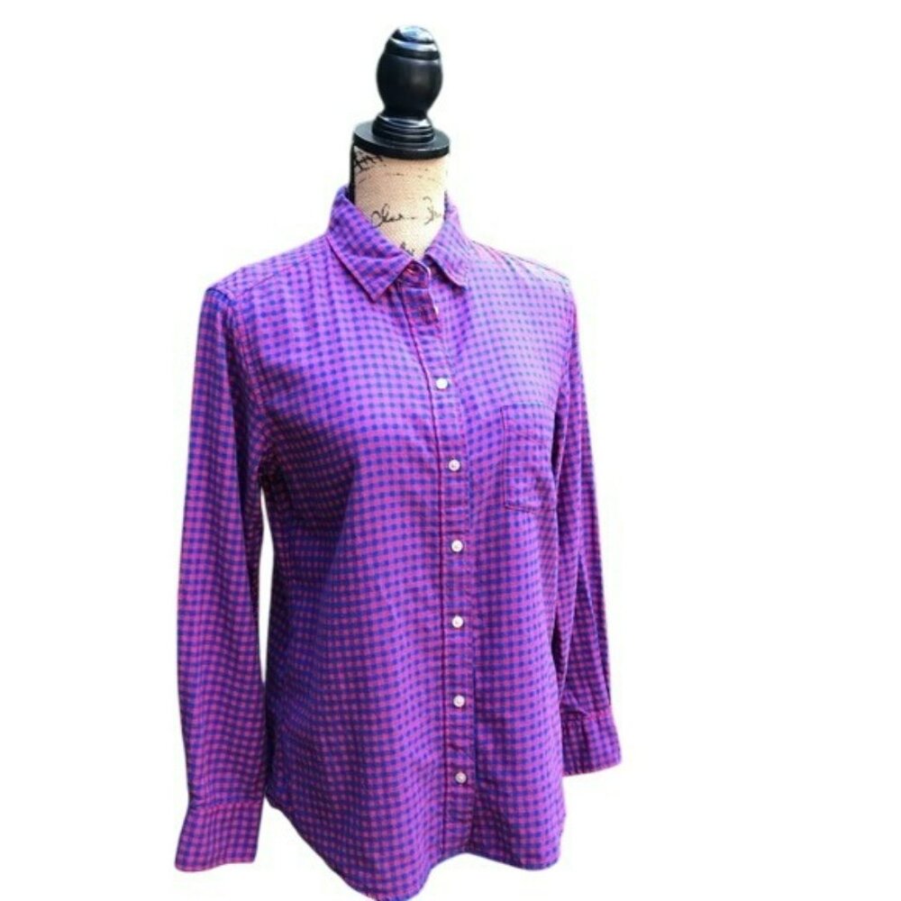 Womens Uniqlo Pink & Blue Plaid Button-Up Long Sleeve Shirt Size L Cotton